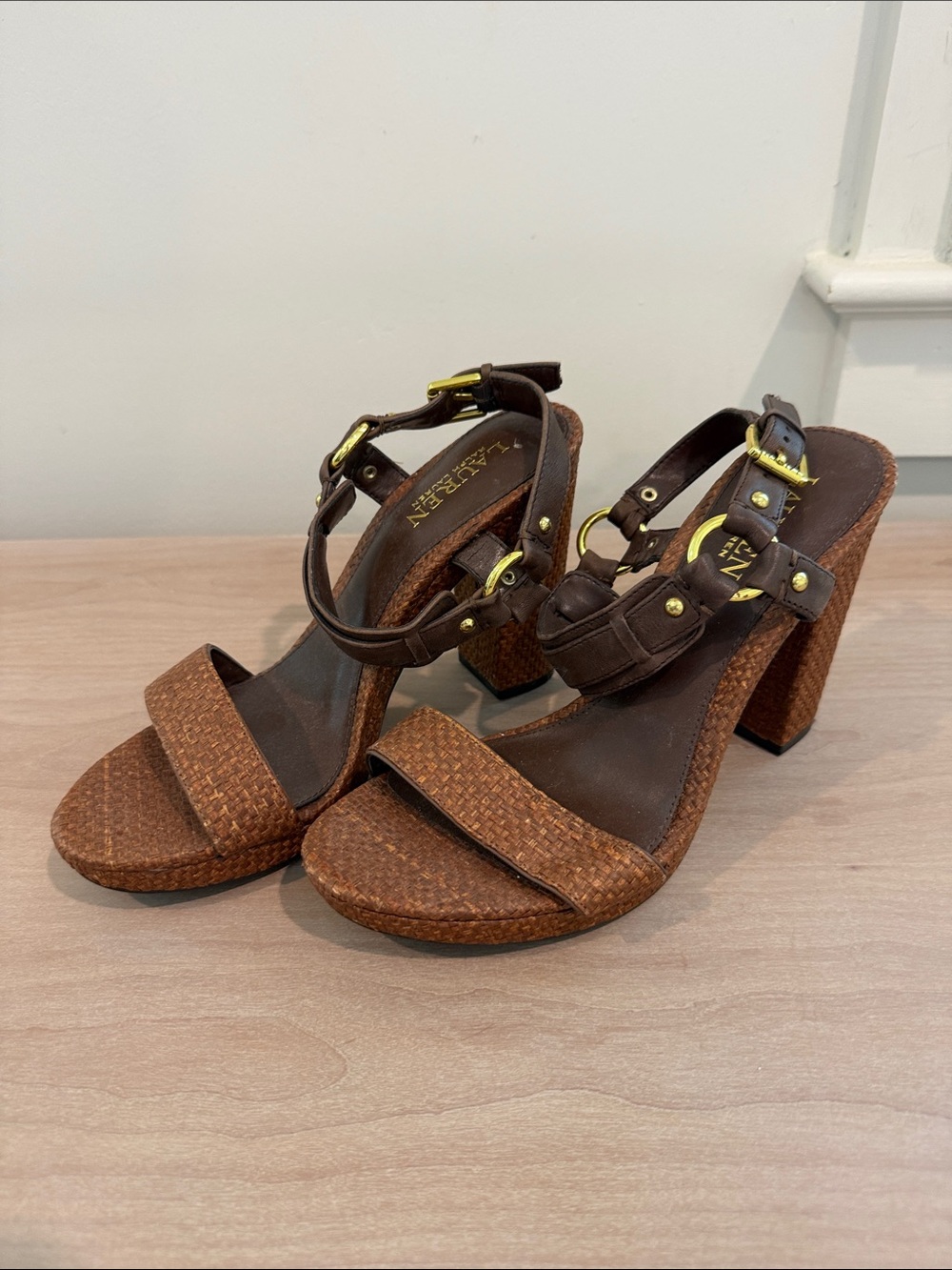 Ralph Lauren Brown Woven Platform Heel Sandals
